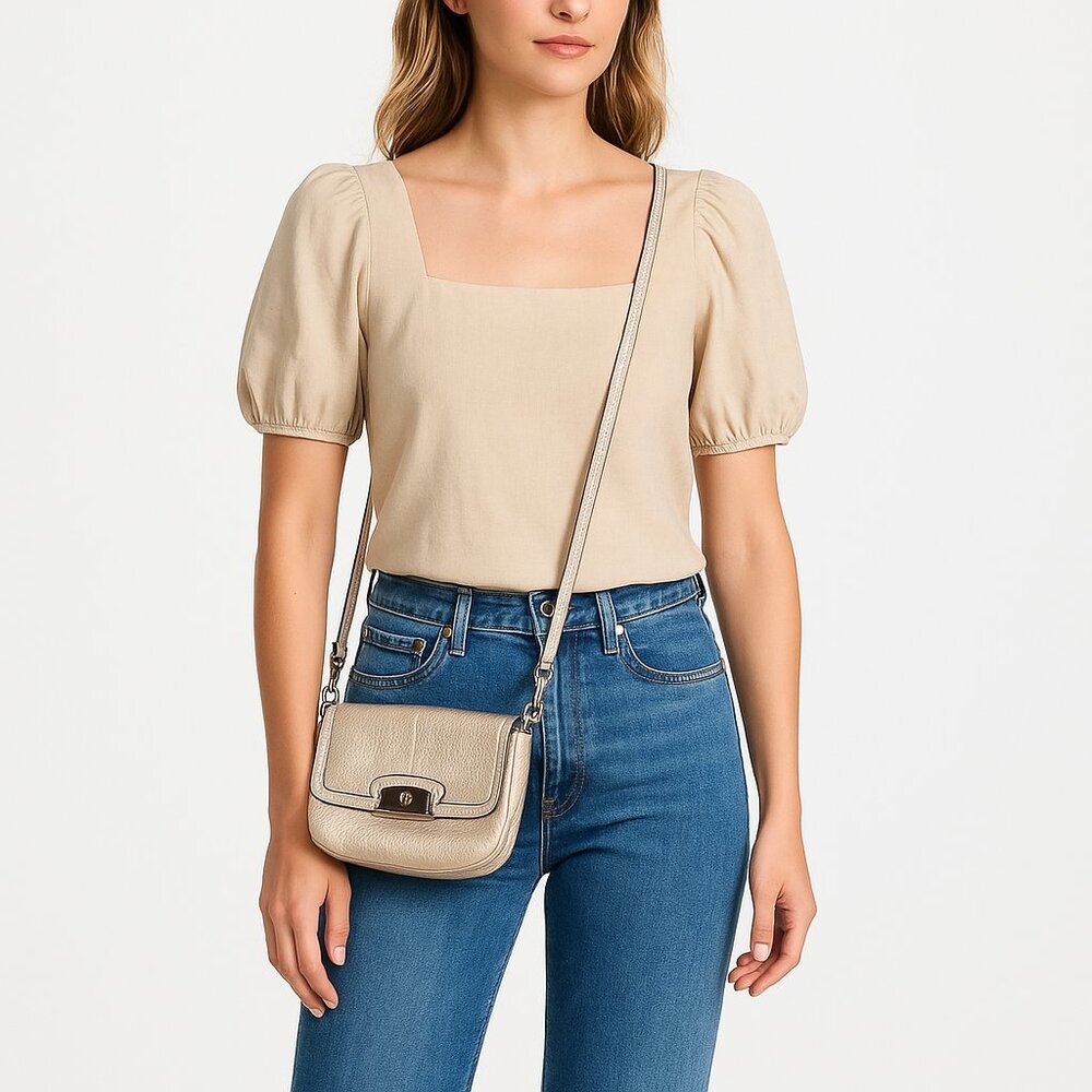 Auth COACH Metallic Beige Cream Leather Kristin Crossbody Small